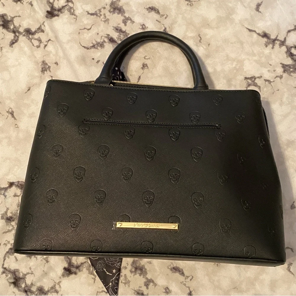NWOT π Betsey Johnson Embossed Skullicious Satchel Skulls Tote Handbag & Scarf - Picture 5 of 8